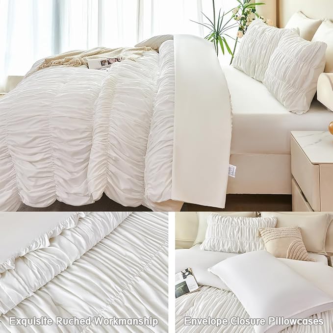 PERFEMET White Bedding Full Size Set, 5 Pieces Fluffy Ruched Comforter Set (79"x90"), Luxury Soft Boho Chic Ruffled Bed in a Bag with Sheet, All Season Farmhouse Pleated Texture Bed Sets(White, Full)