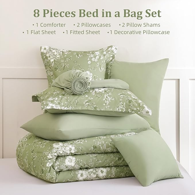WONGS BEDDING Queen Size Comforter Set, 8 Pieces Sage Green Floral Bed in a Bag Comferter Sets, Botanical Print Soft Fluffy Microfiber Complete Bedding Sets for All Season (90"x90")