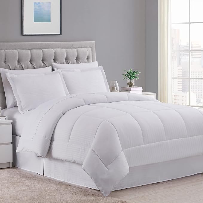 Twin Comforter Set 6 Piece Bed in a Bag with Bed Skirt, Fitted Sheet, Flat Sheet, 1 Pillowcase, and 1 Pillow Sham, Twin, Dobby White
