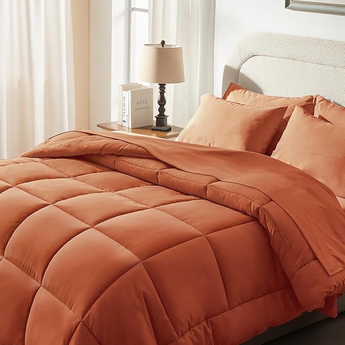 SunStyle Home Burnt Orange Full/Queen Comforter Set - 7 Pieces Bed in a Bag, Lightweight Goose Down Alternative Bedding Sets with All Season Comforter, 1 Flat Sheet, 1 Fitted Sheet, 4 Pillowcases