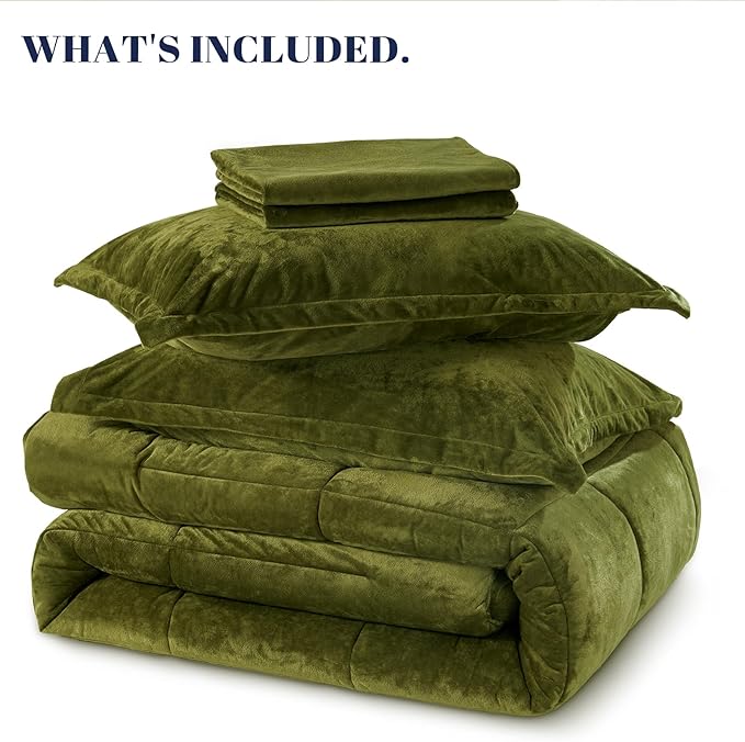 PHF Double-Sided Velvet Comforter Set Queen Size, 5 Piece Soft Luxury Winter Warm Bedding Sets, Modern Bed in A Bag Including 1 Cozy Comforter, 2 Pillow Shams, 2 Euro Shams for Home Decor, Olive Green