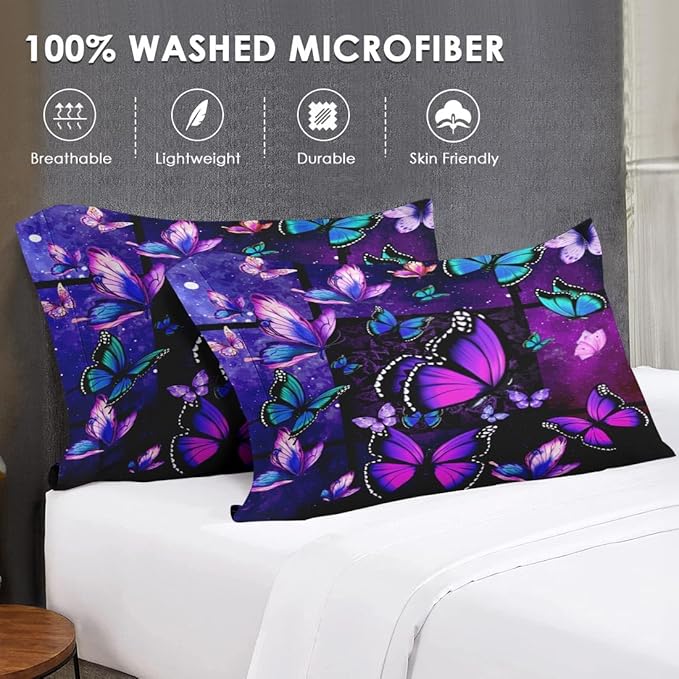 Twin Size Comforter Set with Pillowcase, Summer Tropical Purple Butterfly 2 Pcs Bedding for Kids and Adults, Vintage Spring Galaxy Space Soft Comforter Set for Bedroom Bed Decor