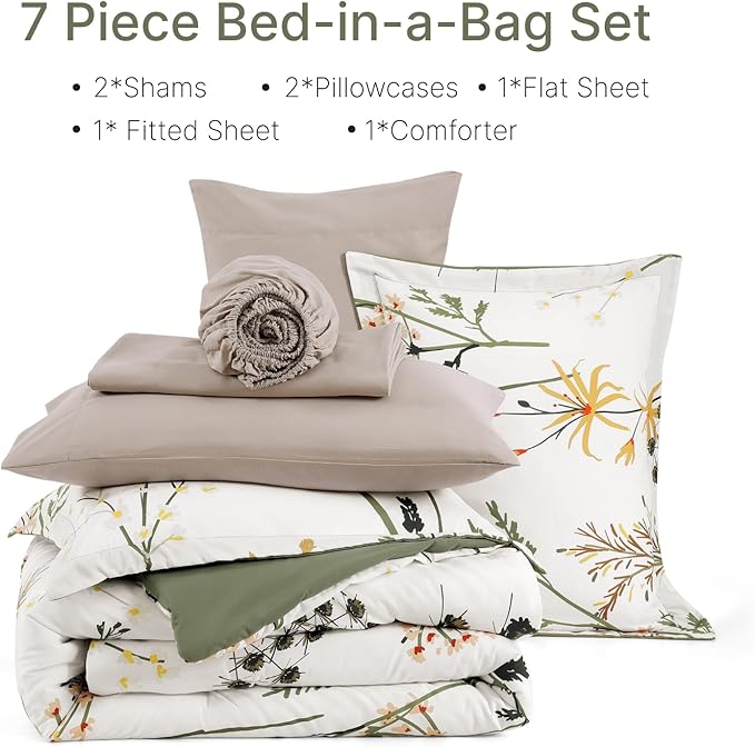 WRENSONGE Botanical Comforter Set Queen Size-7 Pieces Dandelion Bed in a Bag with Flowers Pattern, Soft Floral Complete Bedding Set with Sheets for All Season