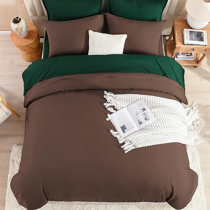 Litanika Twin/Twin XL Size Comforter Sets Brown Emerald Green - 5 Pieces Bed in a Bag, Lightweight Bed Set with Comforter, Sheets, Pillowcase & Sham