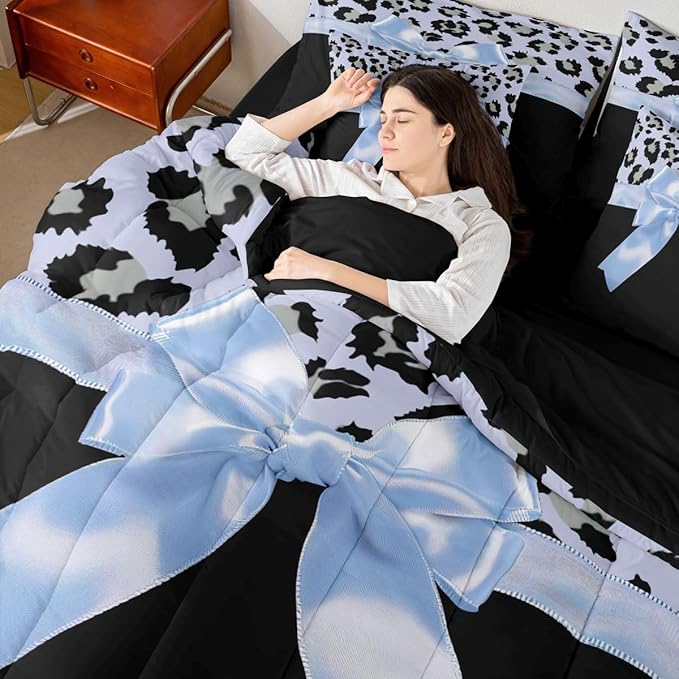 Feelyou Blue Silk Bowknot 7 Piece Bedding Set Full Size Grey Leopard Comforter Set with Sheets for Kids Girls Women Black Blue Bed in a Bag Sweet Romantic Bed Set