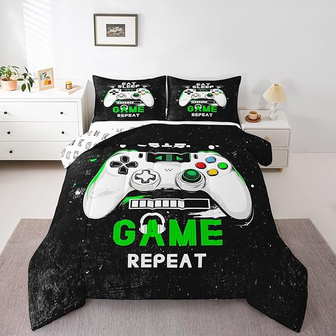 jejeloiu Eat Sleep Game Bedding Set King Size Cartoon Gamer Comforter Set for Kids Boys Girls Modern Game Duvet Set Black Green Quilt Set 3Pcs