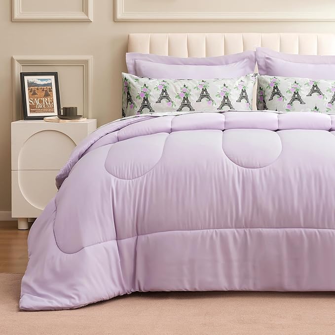 ARTALL Twin Bed in a Bag 5 Pieces, Light Purple Solid Comforter with Eiffel Tower Floral Sheet Set, French Chic Style Soft Bedding Sets with Comforter, Sheets, Pillowcase & Sham for All Seasons