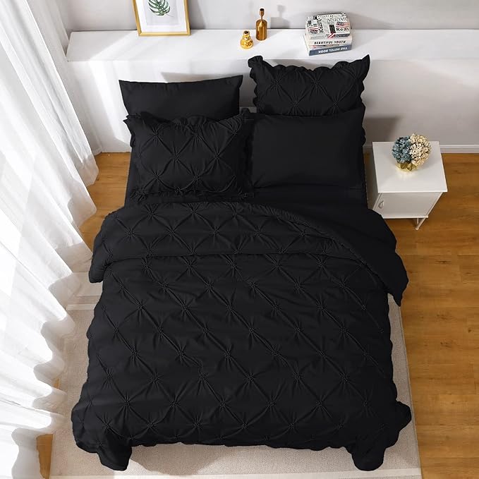 JOLLYVOGUE Black Cal King Size Comforter Sets 7 Pieces, Pintuck Bed in a Bag Comforter Set for Bedroom, Bedding Comforter Sets with Comforter, Sheets,Ruffled Shams & Pillowcases
