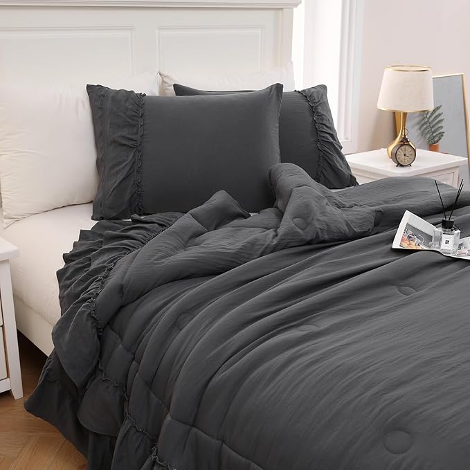 Dark Grey Comforter Set Queen Boho Bedding Set Shabby Chic 2 Layers Ruffled Bedroom Home Decor Ultra Soft Microfiber Farmhouse Down Comforter Bohemian Quilt Set
