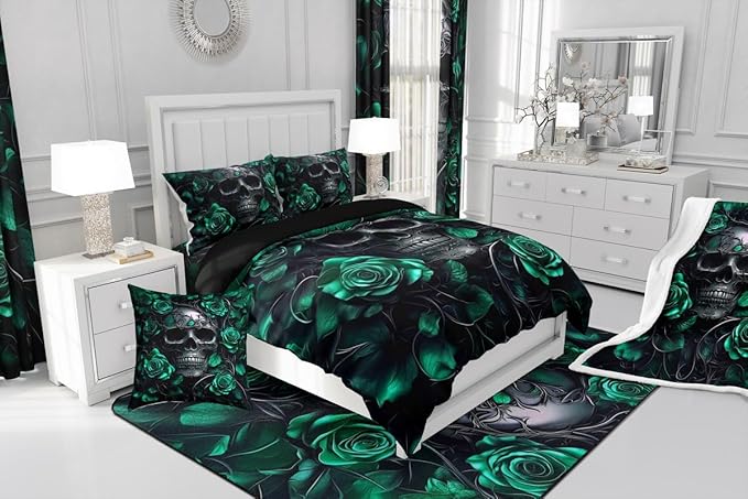 Erosebridal Adults Gothic Comforter Set Bohemian Boho Goth Bedding Set Twin Vintage Horror Skull Bed Sets Sage Green Rose Baroque Victorian Romantic Rose Duvet Insert,Halloween Gothic Decor