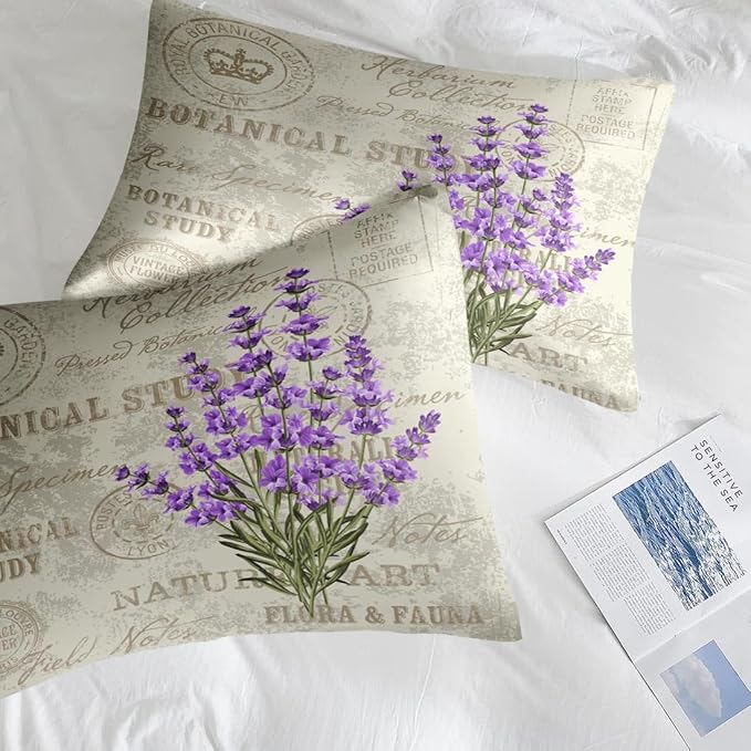 Comforter Set Full Size, Lavender Flower Vintage 7 Pcs Bedding for Kids and Adults, Retro Botanical Plant Purple Bed Sheet Sets with Fitted Sheet 2 Pillowcases & 2 Shams for Bedroom Bed Decor