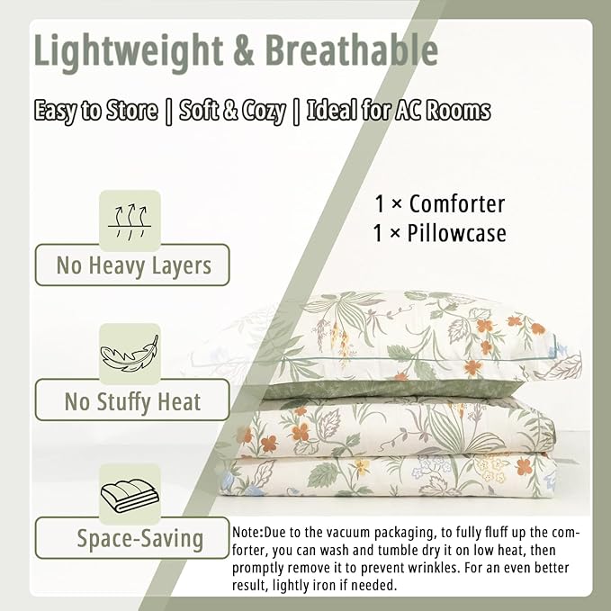 Natural Cotton 2pcs Botanical Comforter Sets Twin Size-Green Comforter with Red & Blue Flowers,Gray Leaves on Off-White, Reversible Lightweight Bedding Sets(Twin 68"×90")