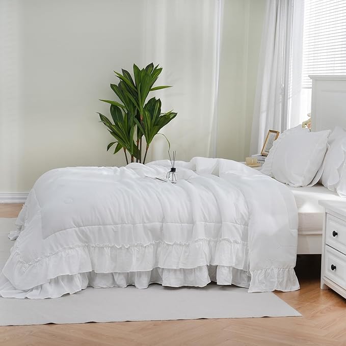 Boho Bedding King White Comforter Set Shabby Chic Beddings 2 Layers Ruffle Home Decor Farmhouse Bed Comforter