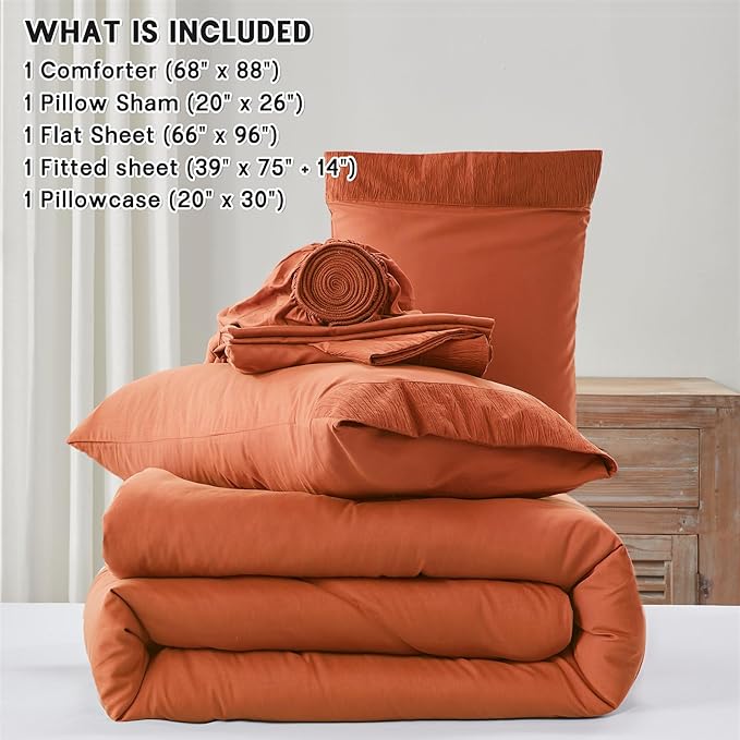 Anluoer Burnt Orange Twin Comforter Set 5 Pieces, Bed in a Bag with Sheets, All Season Bedding Sets with 1 Comforter, 1 Pillow Sham, 1 Pillowcase, 1 Flat Sheet, 1 Fitted Sheet