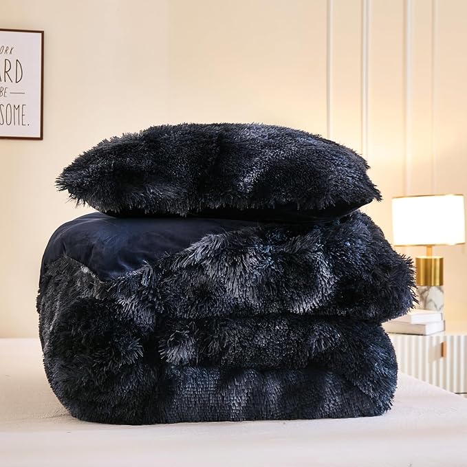 Andency Faux Fur Tie-Dyed Black Blue Comforter for Queen Size Bed, 3 Pieces Fluffy Fuzzy Plush Bedding Comforter Set (1 Shaggy Velvet Comforter & 2 Pillowcases)