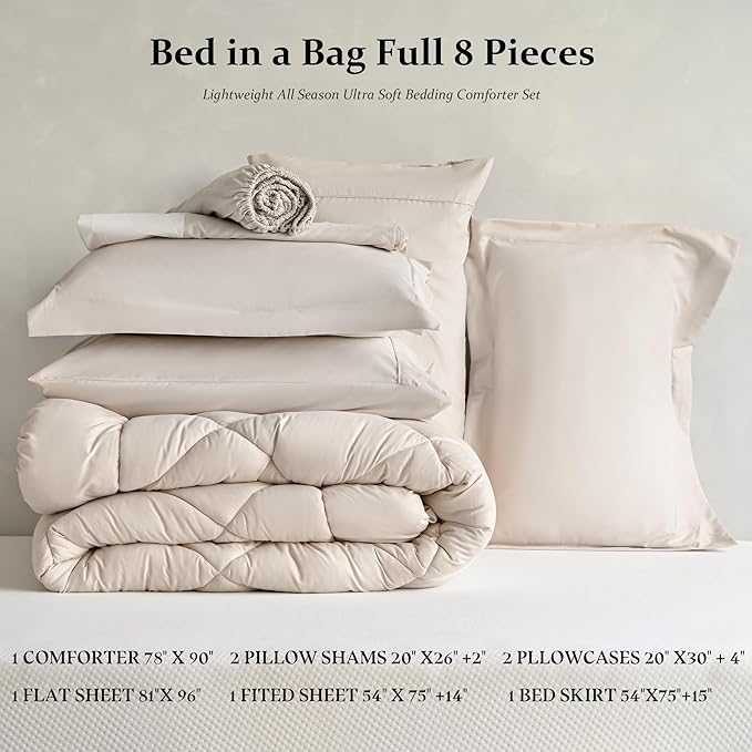 Newspin Full Comforter Set Beige - Bed in a Bag Full Size 8 Pieces, All Season Bed Set, Fluffy Comforter Set with Sheets, Sheet Set Quilt Blanket, Pillowcases & Shams & Bed Skirt
