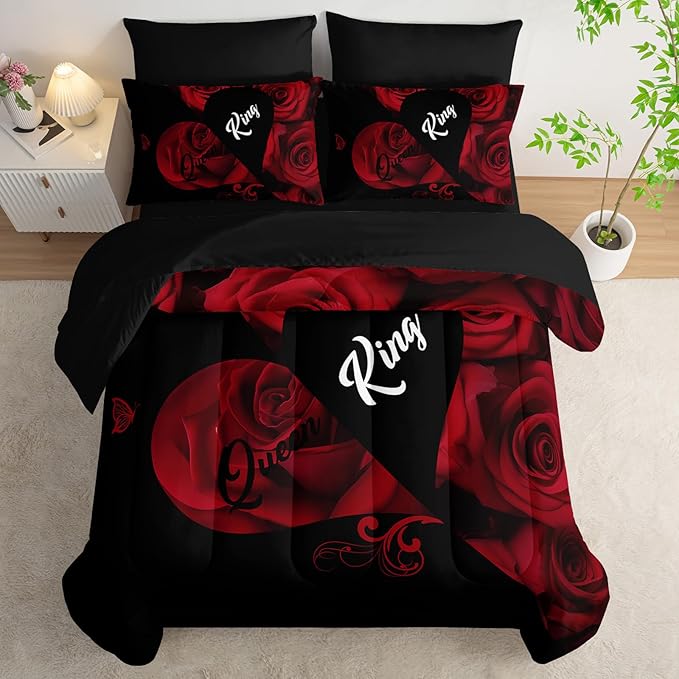 7 Piece Red and Black Rose King Comforter Set,King Quilt Bedding Set Rose,(1 Comforter, 1 Flat Sheet, 1 Fitted Sheet, 2 Pillowcase and 2 Pillow Sham)