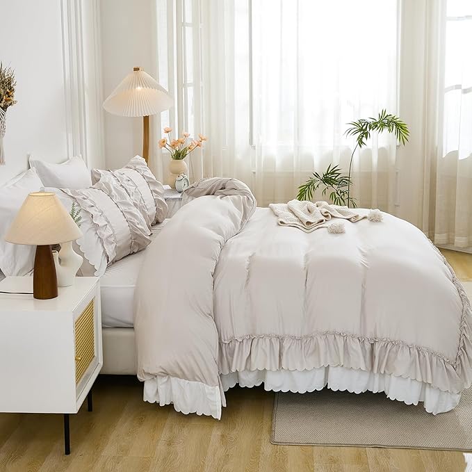 Herside Beige Ruffle Comforter Set King Size,Shabby Chic Boho Bedding Sets, Soft Fluffy Comforters Sets for All Season,Vintage Ruffled 3 Pcs Microfiber Lightweight Quilt Set for Women Girls | Ruffle, Shabby Chic