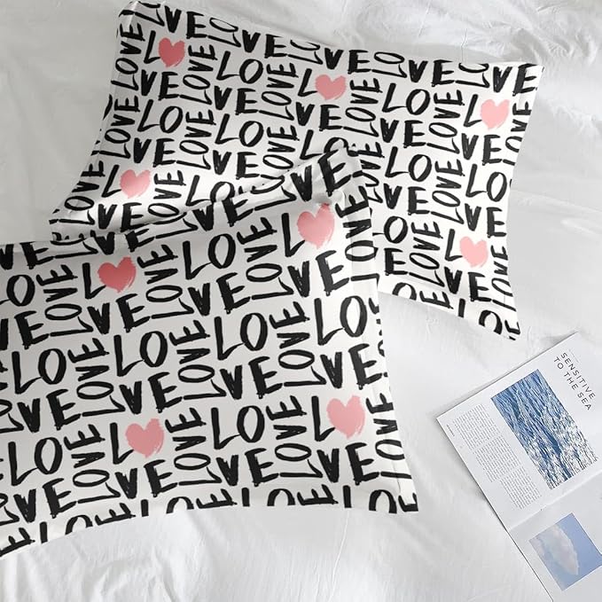 Comforter Set Full Size, Love Heart 7 Pcs Bedding for Kids and Adults, Black and Pink Bedding Sets with Fitted Sheet 2 Pillowcases & 2 Shams for Bedroom Bed Decor