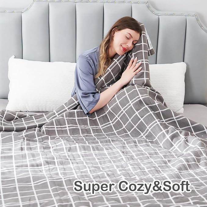Electric Heated Blanket Queen Size 84"x90", Dual Controllers & Heating Zones, Soft Fleece for Bed, 10 Hs Auto Off & 4 Heating Levels, Machine Washable, Gifts for Family-Plaid Pattern, Light Gray