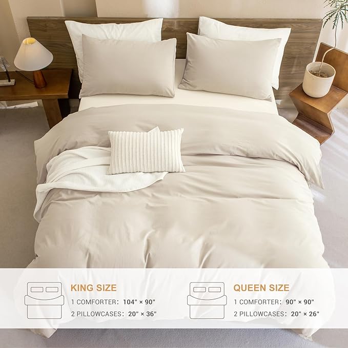 Sanracie Cotton Comforter King Size,Solid Color Bedding Comforter Set Linen Feel Textured 3 Pieces(1 Wheat Bed Comforter + 2 Pillowcases) Soft Lightweight Neutral King Bedding All Season
