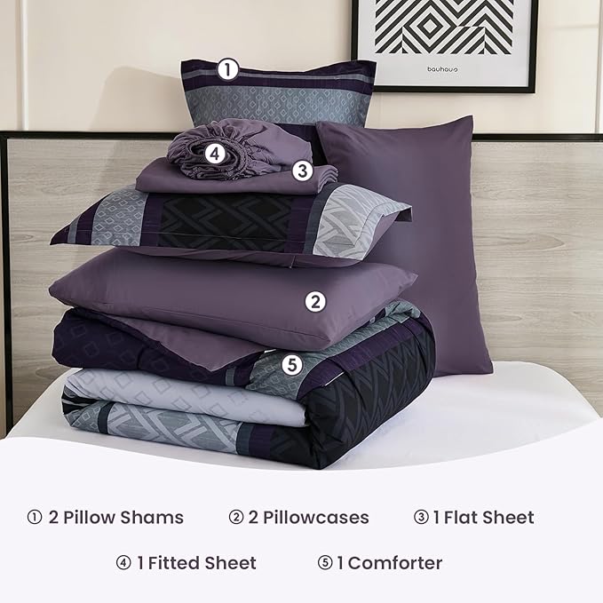 Cottolester King Comforter Set 7 Pieces,Black Purple Boho Striped Bed in a Bag,Soft Microfiber Complete Bedding Sets