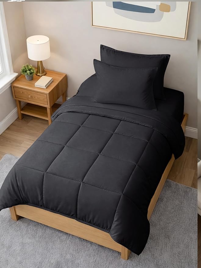 Twin Comforter Set - 5 Piece Bed in a Bag Twin Size Bed Set - Down Alternative Comforter, Flat Sheet, Fitted Sheet, Pillowcase & Sham for All Seasons - Ultra Soft, Cozy, Comfy and Breathable - Black