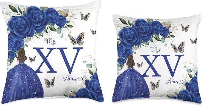 Royal Blue Roses Floral Quinceañera Mis XV Años Throw Pillow Throw Pillow