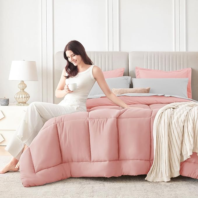 Sasttie King Size Comforter Set, 7 Pieces Reversible Bed in a Bag King, Complete Bedding Set Includes Comforter, Flat Sheet, Fitted Sheet, Pillowcases and Pillow Shams, Pink & Light Grey