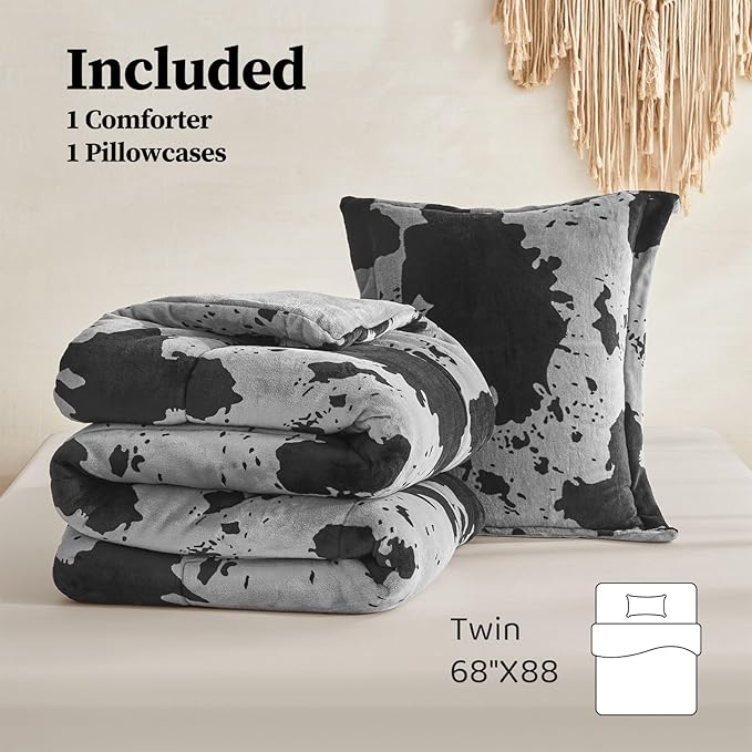 Petrichor Velvet Flannel Twin Comforter Set-Cow Print Western Style Blanket,Luxury Fuzzy Heavy Bedding Set, 2 Pieces Plush Winter Bed Set with Comforter (68"x88") & 1 Pillow Shams (20"x26")