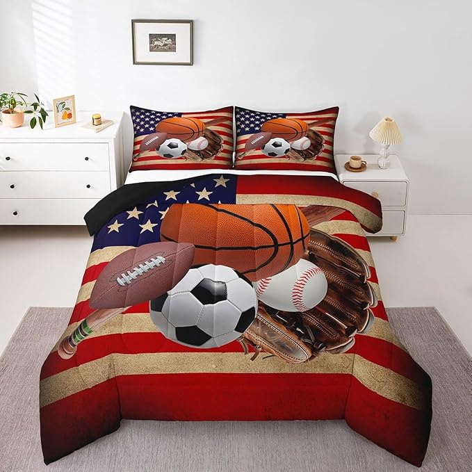 Feelyou Baseball Sports Comforter Set Queen Size Football Comforter for Boys Girls Teens Ball Game Bedding Set Basketball Duvet Set Room Decor Red Brown Mixed Ball Quilt Set
