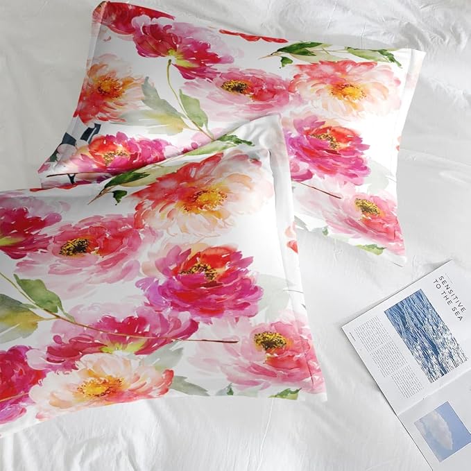 Comforter Set Full Size, Summer Flower Peony 3 Pcs Soft Bedding Set for Kids and Adults, Floral Rose Pink Comforter Set with 2 Pillowcases, for Bedroom Bed Decor