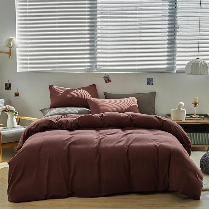 KAREVER Brick Red Comforter Set Queen Clay Rust Red Color Bedding Set 3 PCs Brown Marsala Color Women Rust Red Blanket Set Solid Brick Red Comforter Set Queen Size Breathable Soft Bed Comforter Set