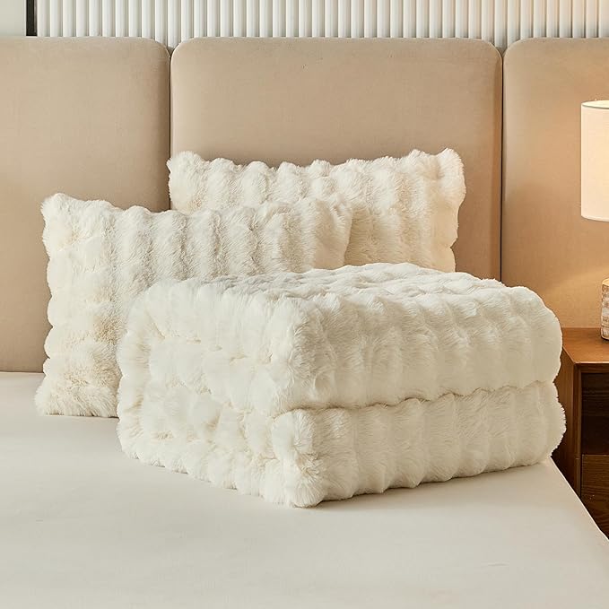 Full Faux Rabbit Fur Comforter Set - 3 Pieces Fluffy Bedding Set Ultra Soft Warm Shaggy Winter Flannel Bed Set, Luxury Skin Friendly Sherpa Comforter Set & Pillow for Thanksgiving Cream White Beige