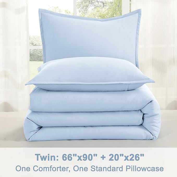 Litanika Comforters Light Blue Twin/Twin XL Size, 2 Pieces Lightweight Solid Bedding Comforter Set, All Season Fluffy Bed Set (66x90In Comforter & 1 Pillowcase)