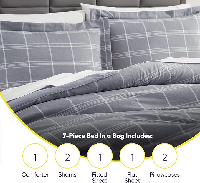 7 Piece Comforter Set Bag Solid Color All Season Soft Down Alternative Blanket & Luxurious Microfiber Bed Sheets, Full, Gray Plaid