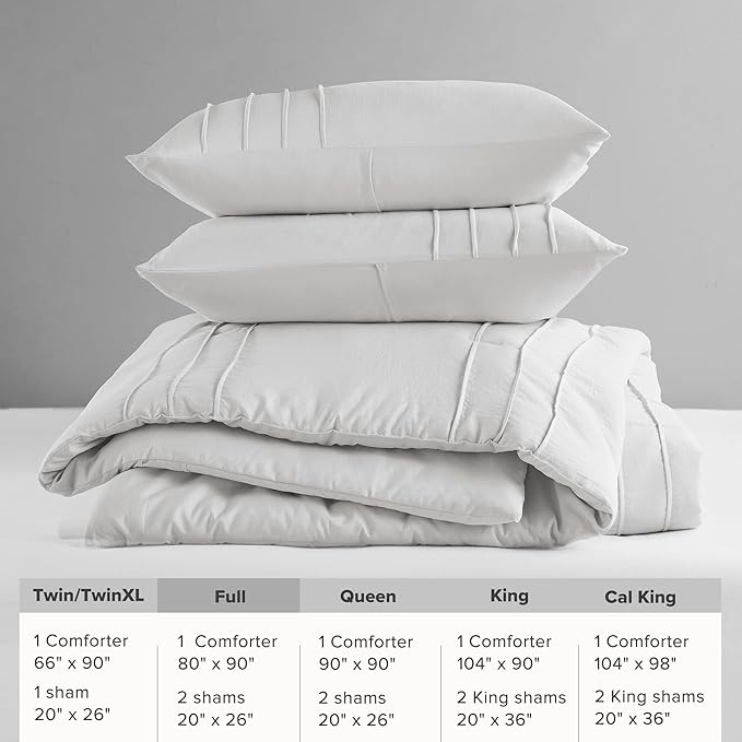 Comfort Spaces Silver Full Size Comforter Set - 3 Pieces Pintuck Pleated Bedding Sets, All Season Lightweight, Extra Softness Pre-Washed Microfiber Full Bed Set, Shams, Full