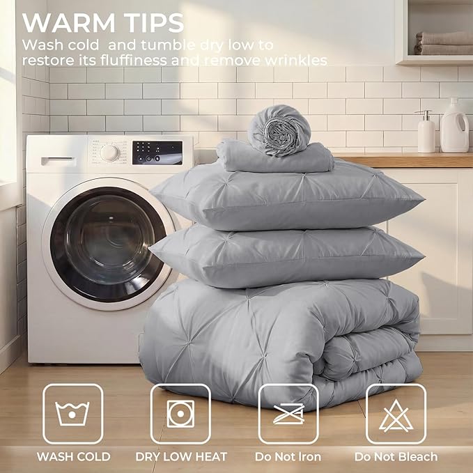 Sasttie Twin Comforter Set, 5-Piece Bed in a Bag, Pintuck Bedding Sets for All Season, Includes Comforter, Flat Sheet, Fitted Sheet, Pillowcase and Pillowsham, Light Grey