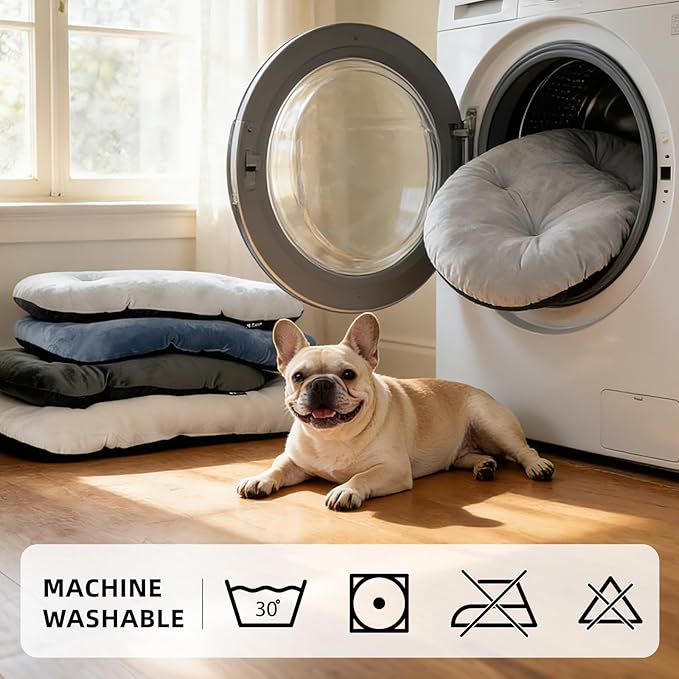 Durable & Washable Dog Bed for Small Medium Dogs & Cats, Plush Faux Silver Fox Fur Oval Bed with Non-Slip Bottom & Supportive Pad, 29”x18” Light Grey