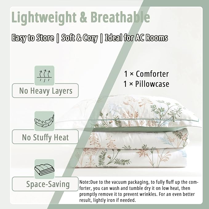 Natural Cotton 2pcs Botanical Comforter Sets Twin Size-Green Comforter with Luxurious Tan & Gray Leaves on White, Reversible Lightweight Floral Bedding Sets(Twin 68"×90")