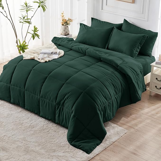 JOLLYVOGUE Full Comforter Set, Ultra-Soft Bed in a Bag Full Size 7 Pieces, Oeko-TEX Certified Bedding Set with Down Alternative Comforter, Sheets, Pillowcases & Shams, Emerald Green