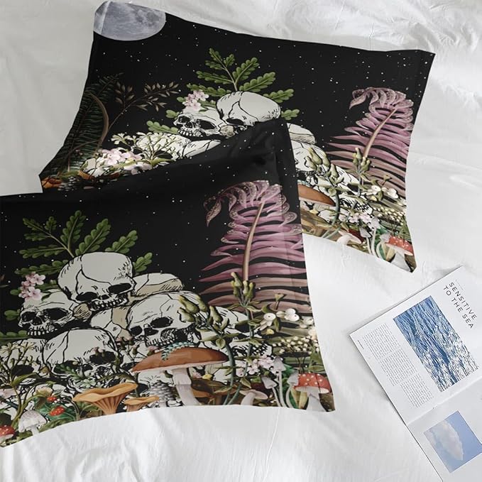 Comforter Set Full Size, Mushroom Plant 7 Pcs Bedding for Kids and Adults, Skeleton Spooky Retro Bed Sheet Sets with Fitted Sheet 2 Pillowcases & 2 Shams for Bedroom Bed Decor