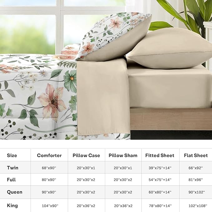 Nesker 7 Pcs Spring Comforter Set Queen Size, Green Floral Bedding Set for Kids and Adults, Fern Rose Tulip Bed Sheet Sets with Fitted Sheet 2 Pillowcases & 2 Shams