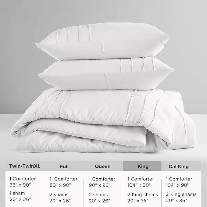 Comfort Spaces White King Size Comforter Set - 3 Piece Pintuck Pleated Bedding Set, All Season Lightweight, Extra Softness Pre-Washed Microfiber Bed Set, Shams
