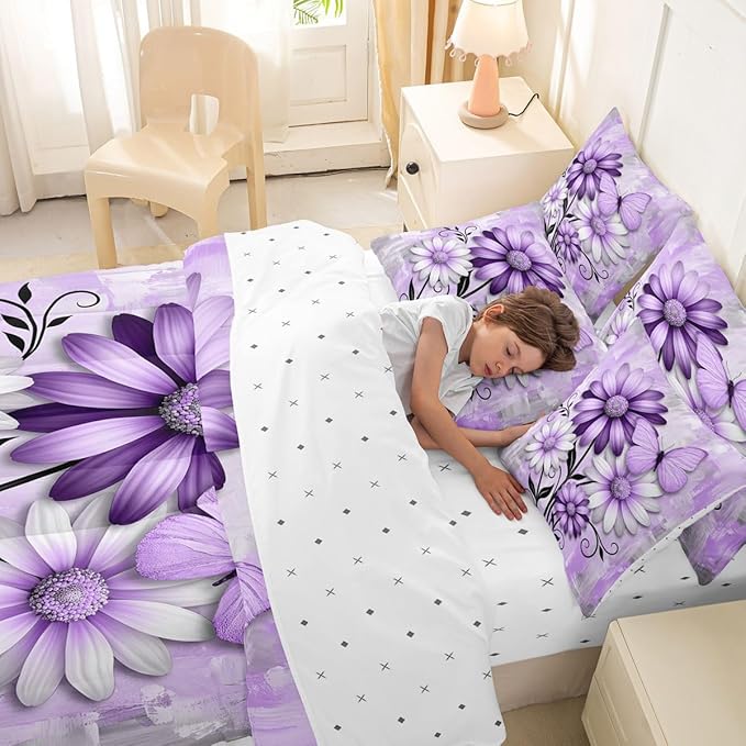 Feelyou Purple Floral Comforter Set with Sheets 7 Piece King Size Daisy Blossom Flowers Pattern Bedding Set for Kids Boys Girls Abstract Geometric Art Bed in a Bag Room Decor Microfiber