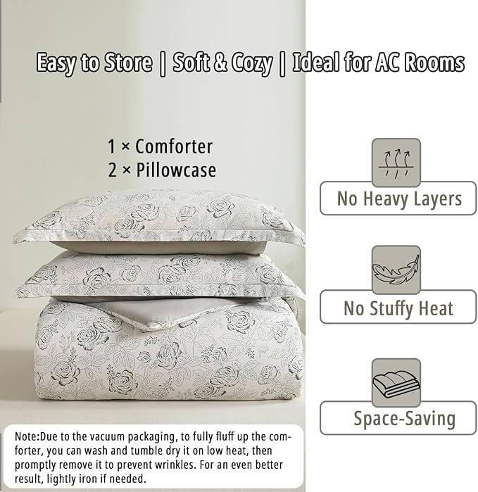 Vintage Botanical Cotton Comforter King Size 3PC - Elegant Floral Sketch on Ivory White with Tan Herringbone Reverse – Reversible Lightweight Comforter Set with Soft Fill(104"×90")