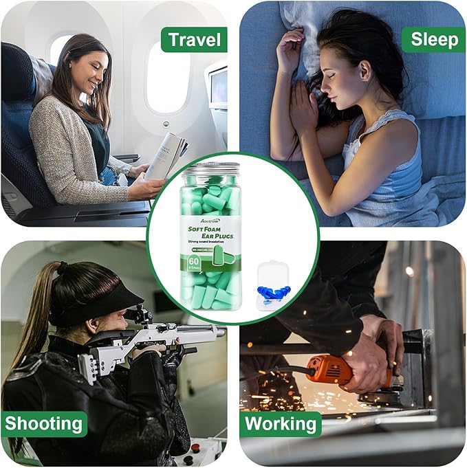 60 Pairs Soft Foam Ear Plugs, 38dB SNR Slow Rebound Ear Plugs for Sleeping Noise Cancelling, Noise Reduction, Work, Swimming, Shooting, Studying, Green