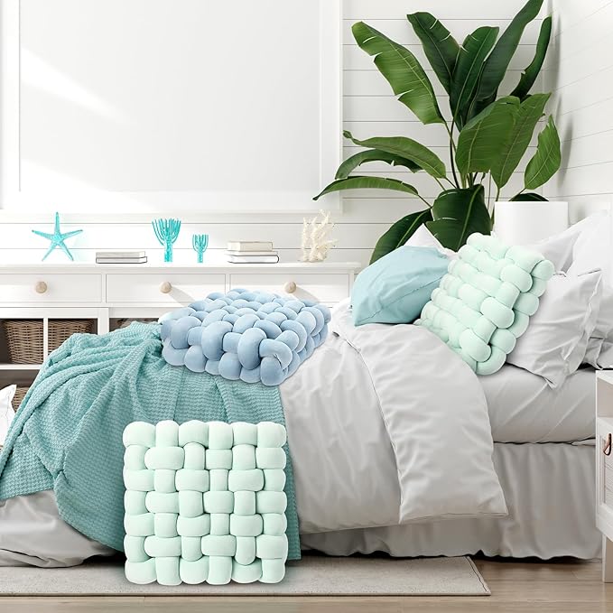 Wenqik 2 Pcs Knot Pillows Square Knotted Plush Throws Soft Accent Pillows Decoration Cushion for Couch Home Office Living Room Bedroom Bed Sofa Decor, 12'' x 13''(Light Green,Crystal Velvet)