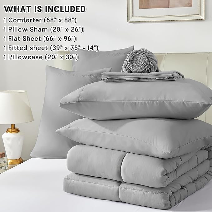 Anluoer Twin Comforter Set 5 Piece, Light Grey Bed in a Bag with Comforters, Pillow Shams, Pillowcases, Flat Sheet, Fitted Sheet