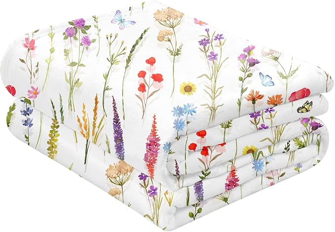 Floral Throw Blanket Birthday Gift for Women Mom Girls Colorful Flowers Blanket Summer Wildflower Flannel Blanket Watercolor Printed Throw for Couch Sofa Bed Chair 50"x60"